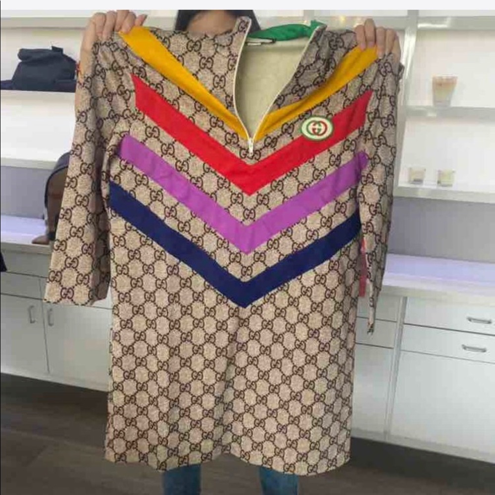 Brand New Authentic Gucci GG Supreme-jacquard Rainbow-appliqué Dress
